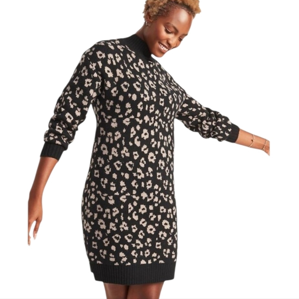Nwt OLD NAVY M Leopard-Print Mock Neck Sweater Shift Dress